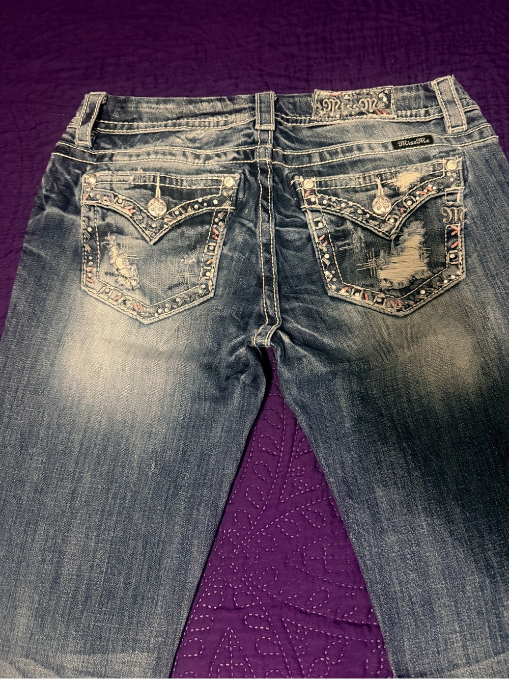 Miss Me Blue Distressed Boot Cut Jeans with Rhinestone Embellished Back Pockets